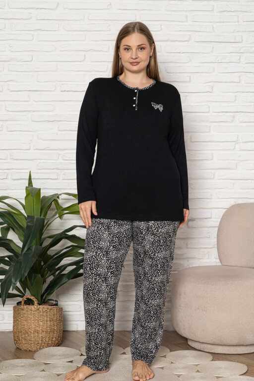 Büyük Beden Kadın Pijama Takımı - Siyah Etnik Desen Uzun Kol Likralı Kumaş 2923UYB - Alimer