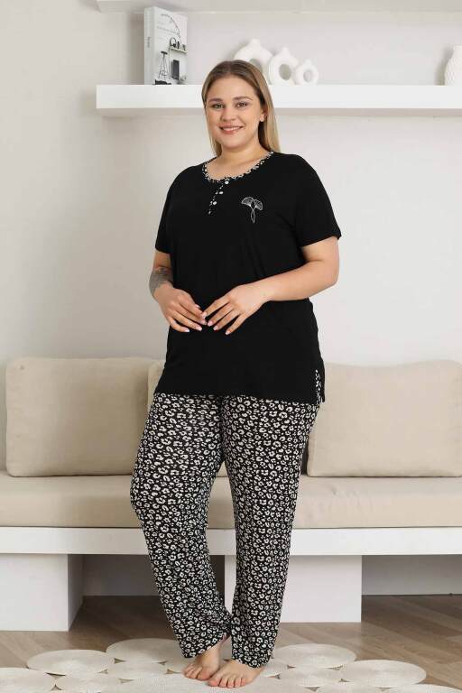 Büyük Beden Kadın Pijama Takımı - Siyah Kısa Kol Likralı 2857KYB - Alimer (1)