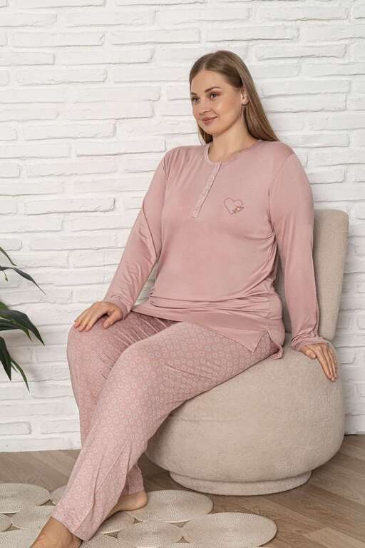 Büyük Beden Kadın Pijama Takımı - Pudra Uzun Kol Likralı Viskon 2924UYB - Alimer (1)