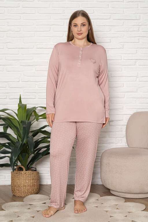 Büyük Beden Kadın Pijama Takımı - Pudra Uzun Kol Likralı Viskon 2924UYB - Alimer
