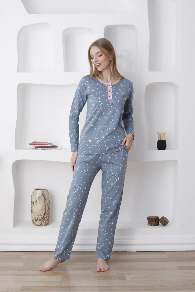 Çiçek Desenli Kadın Pijama Takımı - Uzun Kollu Likralı Penye 2808UY - 1