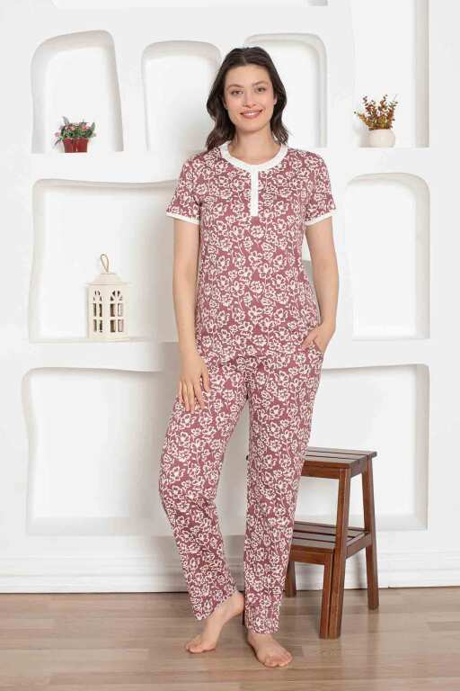 Gül Kurusu Çiçek Desenli Penye Bayan Pijama Takımı 2794KY - Alimer
