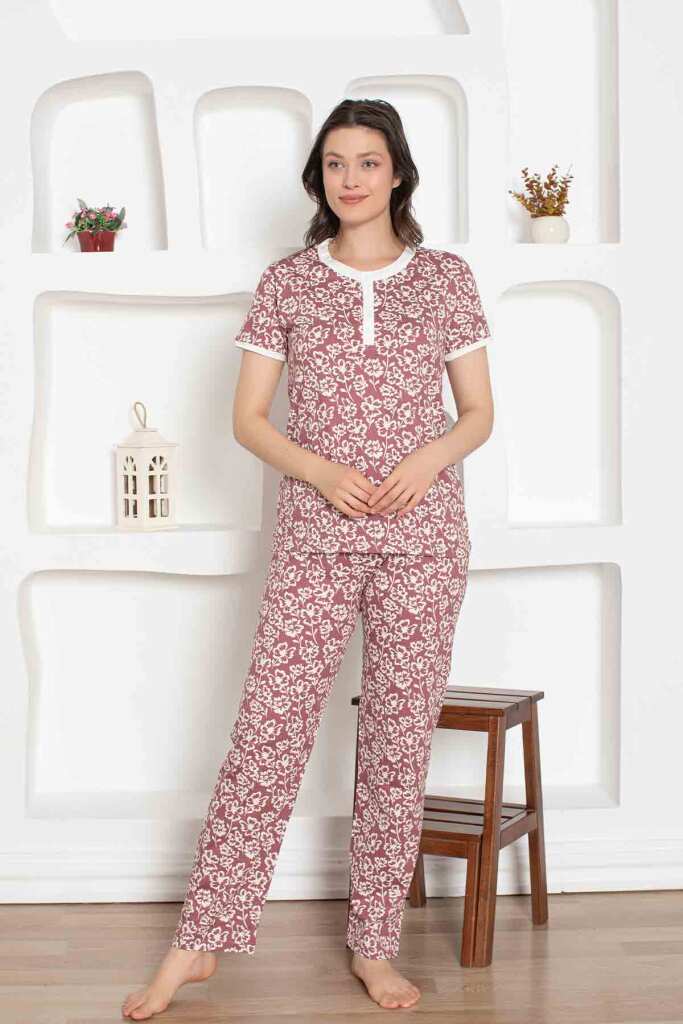 Gül Kurusu Çiçek Desenli Penye Bayan Pijama Takımı 2794KY - 3