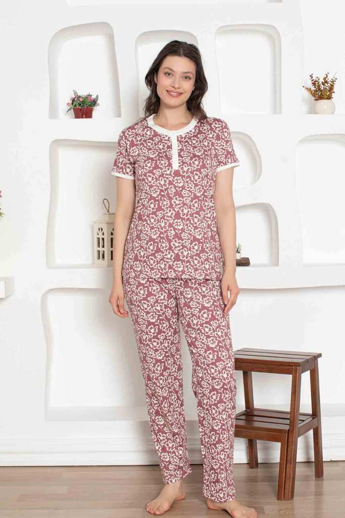 Gül Kurusu Çiçek Desenli Penye Bayan Pijama Takımı 2794KY - 4