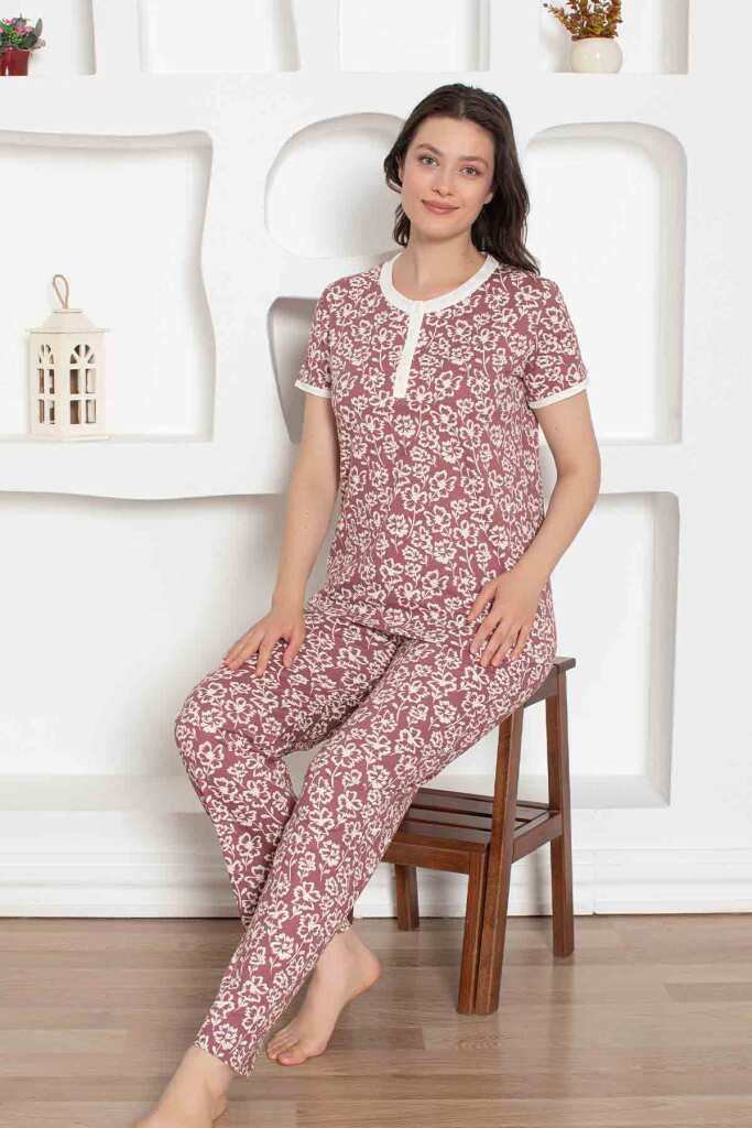 Gül Kurusu Çiçek Desenli Penye Bayan Pijama Takımı 2794KY - 2