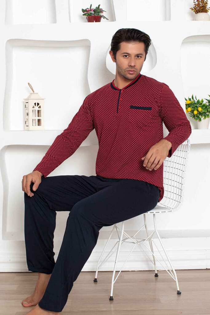 Çıpa Desenli Erkek Pijama Takımı - Bordo Penye Uzun Kollu 1208UY - 2