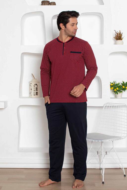 Çıpa Desenli Erkek Pijama Takımı - Bordo Penye Uzun Kollu 1208UY - Alimer