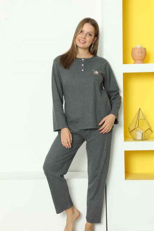 Çizgili Desenli Kadın Pijama Takımı - Antrasit Nakışlı Detaylı Kışlık Penye 034UK - Alimer
