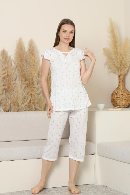 Desenli Kadın Pijama Takımı - Kelebek Fırfırlı kol Likralı Viskon Bermuda 2840B - 1