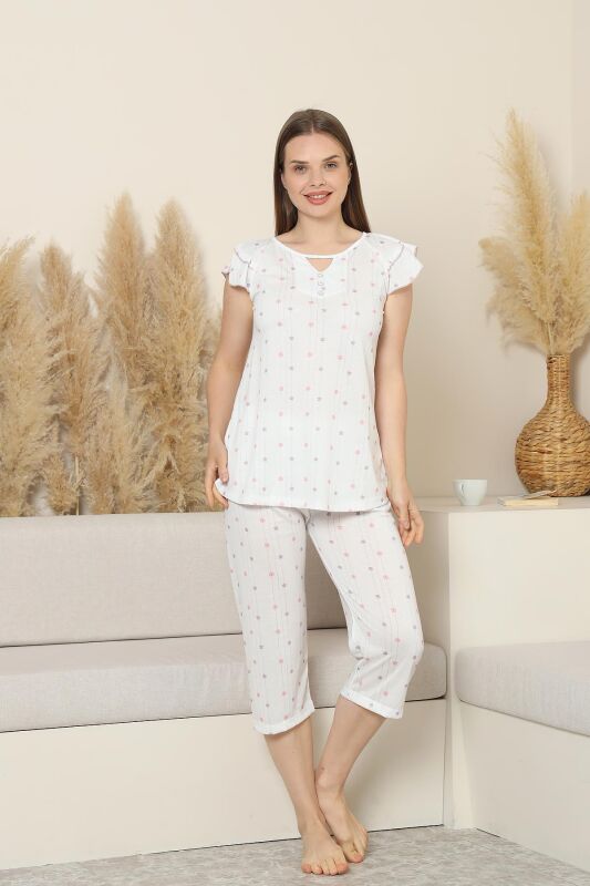 Desenli Kadın Pijama Takımı - Kelebek Fırfırlı kol Likralı Viskon Bermuda 2840B - 2