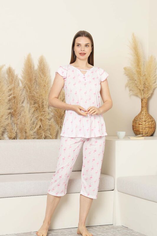 Desenli Kadın Pijama Takımı - Kuğu Fırfırlı kol Likralı Viskon Bermuda 2840B - 3