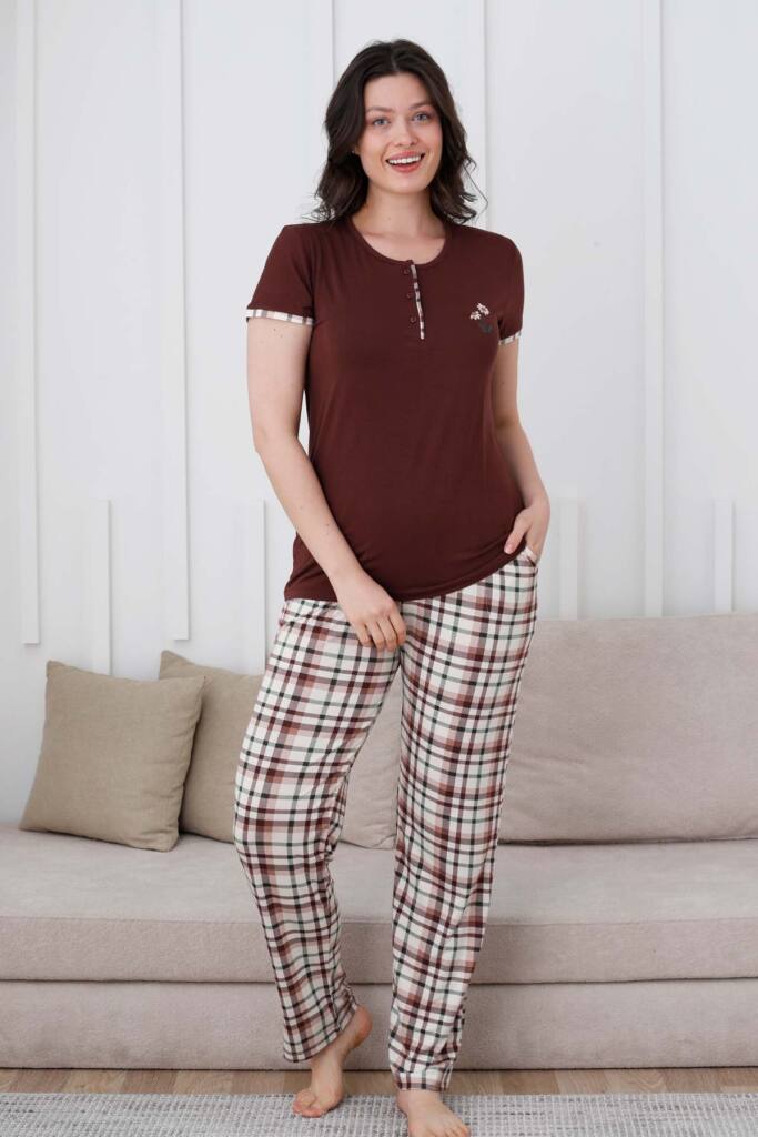 Ekoseli Kadın Pijama Takımı - Kahverengi Nakışlı Likralı Kısa Kollu 2834KY - 1