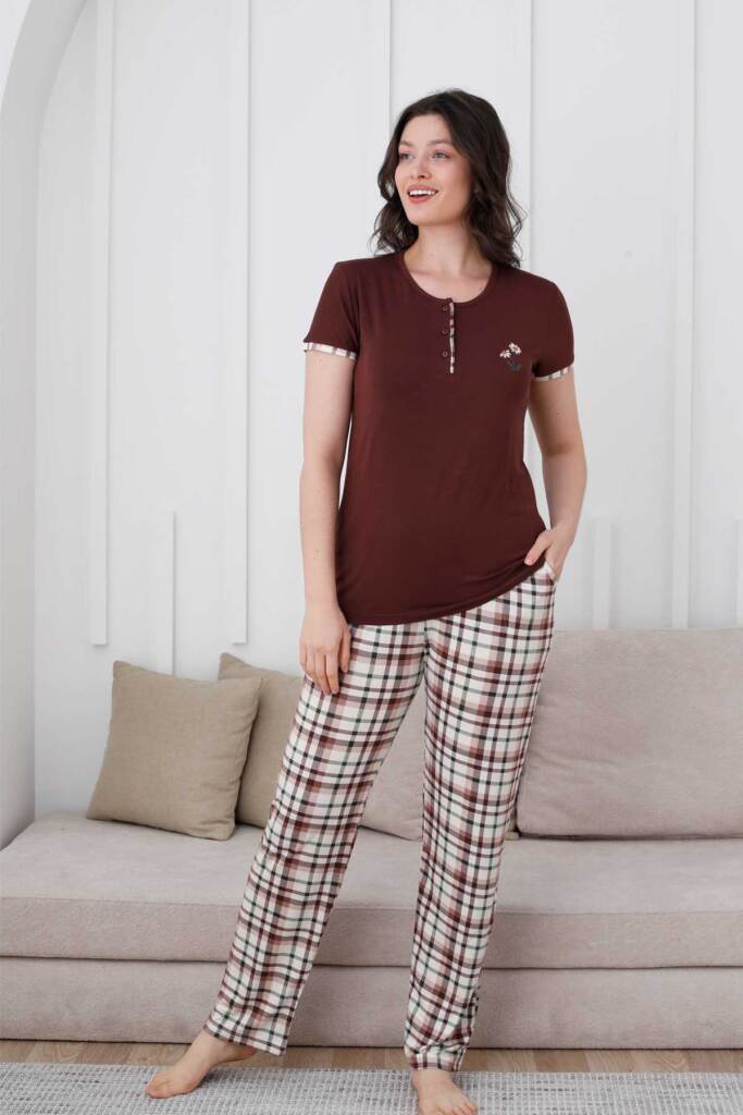 Ekoseli Kadın Pijama Takımı - Kahverengi Nakışlı Likralı Kısa Kollu 2834KY - 3