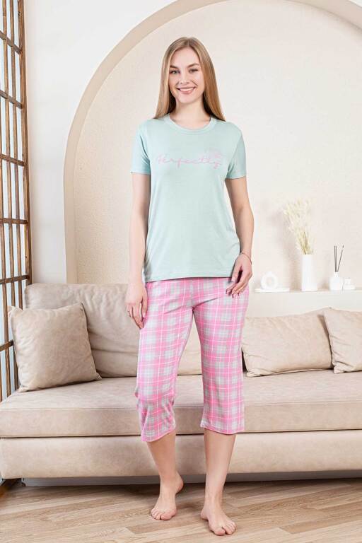 Ekoseli Kadın Pijama Takımı - Perfectly Yeşil Kapri Likralı Bambu 2856B - 3