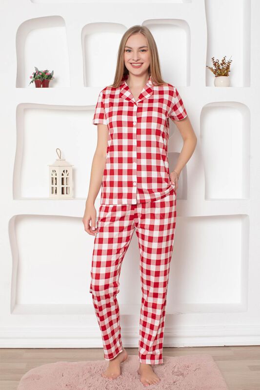Ekoseli Önden Düğmeli Kadın Pijama Takımı - Kırmızı Kısa Kollu Penye 2793KY - 2