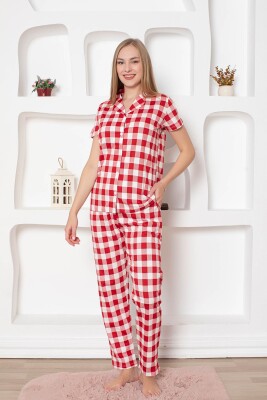 Ekoseli Önden Düğmeli Kadın Pijama Takımı - Kırmızı Kısa Kollu Penye 2793KY - 4