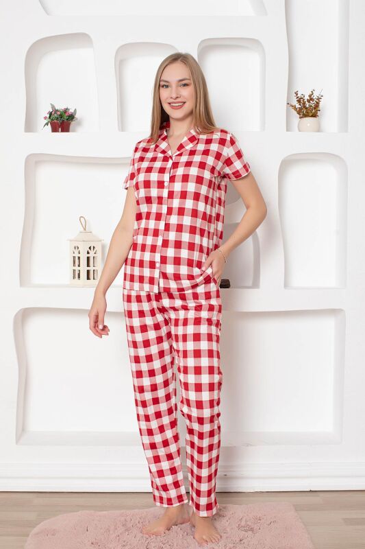 Ekoseli Önden Düğmeli Kadın Pijama Takımı - Kırmızı Kısa Kollu Penye 2793KY - 4
