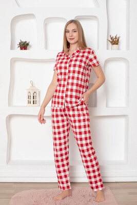 Ekoseli Önden Düğmeli Kadın Pijama Takımı - Kırmızı Kısa Kollu Penye 2793KY - 5