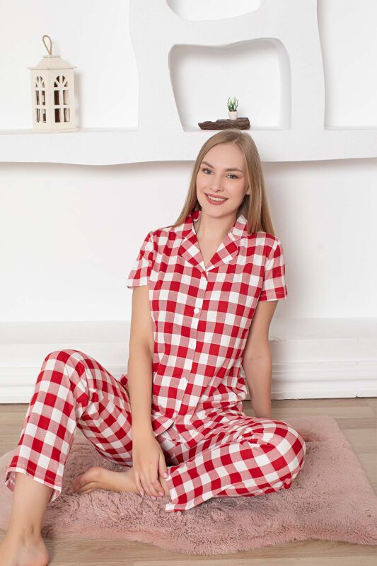 Ekoseli Önden Düğmeli Kadın Pijama Takımı - Kırmızı Kısa Kollu Penye 2793KY - 3