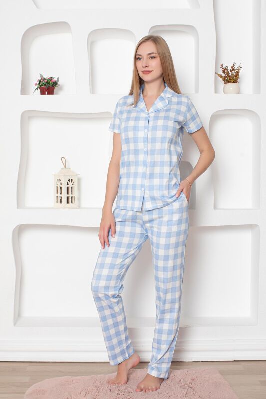 Ekoseli Önden Düğmeli Kadın Pijama Takımı - Mavi Kısa Kollu Penye 2793KY - 5