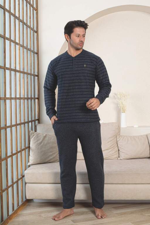 Erkek Eşofman Pijama Takımı - Lacivert Kışlık Şardonlu Selanik Kumaş 1220UK - Alimer
