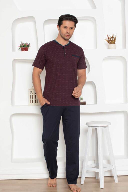 Erkek Pijama Takımı - Bordo Mini Puan Desen Penye Kısa Kollu 1204KY - Alimer