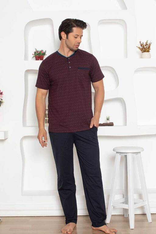 Erkek Pijama Takımı - Bordo Mini Puan Desen Penye Kısa Kollu 1204KY - Alimer (1)