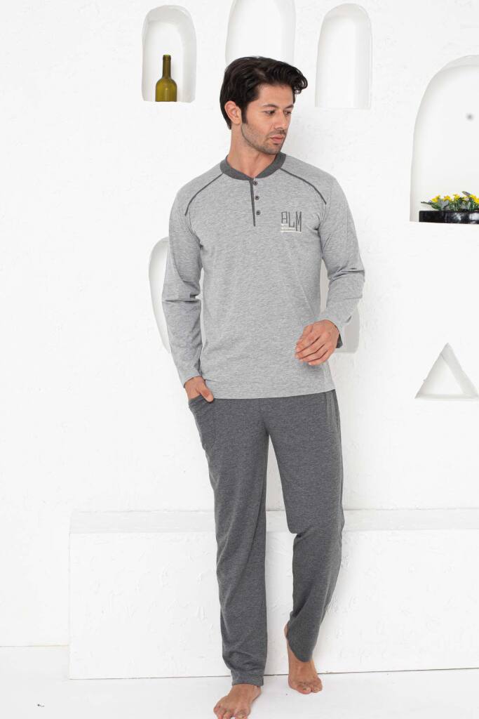 Erkek Pijama Takımı - Gri Arma Nakışlı Uzun Kollu Penye 1187UY - 2