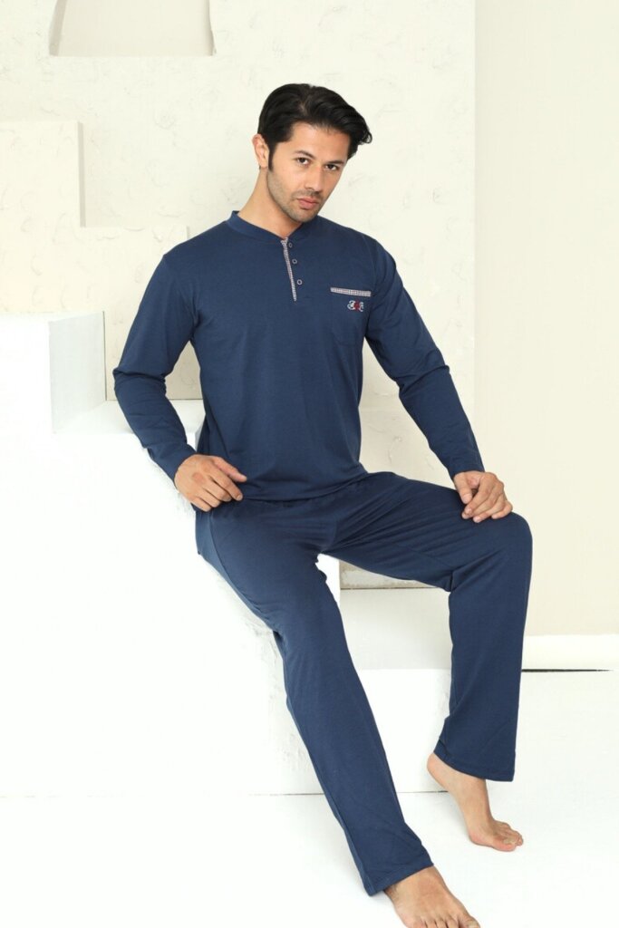 Erkek Pijama Takımı - İndigo Arma Nakışlı Likralı Uzun Kollu Penye 1194UY - 2