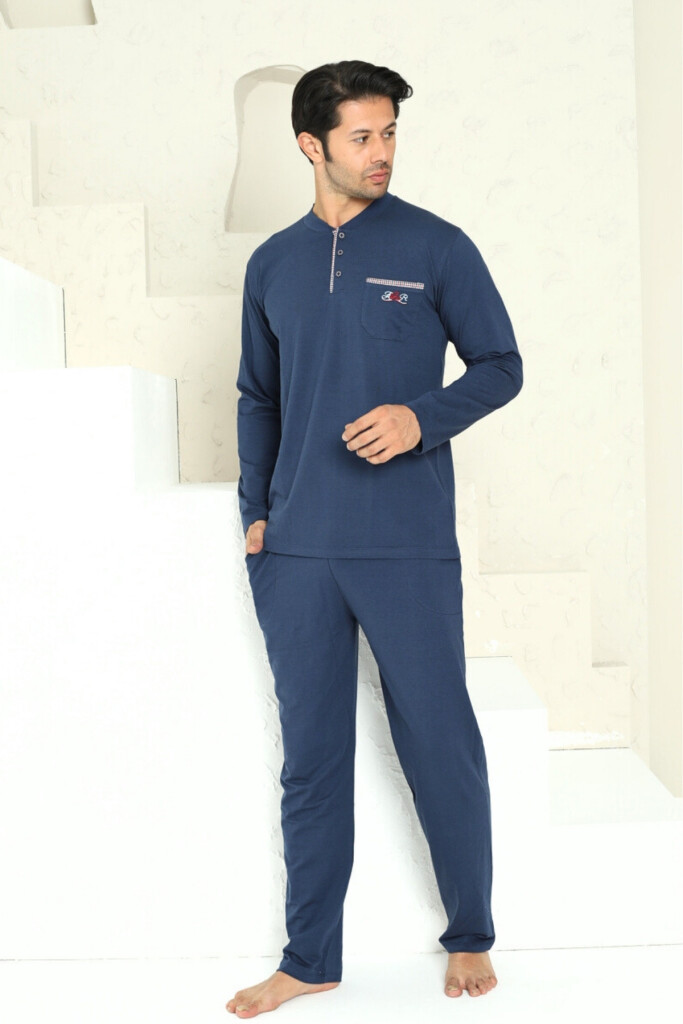 Erkek Pijama Takımı - İndigo Arma Nakışlı Likralı Uzun Kollu Penye 1194UY - 1
