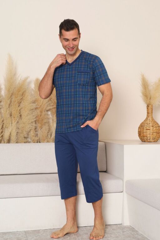 Erkek Pijama Takımı - İndigo Kareli V Yaka Bermuda Penye 1226B - Alimer (1)