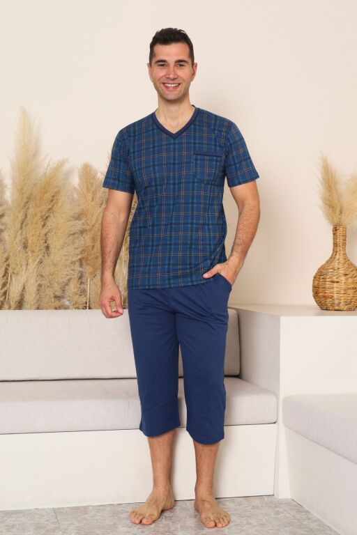 Erkek Pijama Takımı - İndigo Kareli V Yaka Bermuda Penye 1226B - Alimer