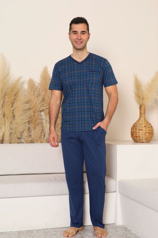 Erkek Pijama Takımı - İndigo Kareli V Yaka Kısa Kollu Penye 1226KY - Alimer