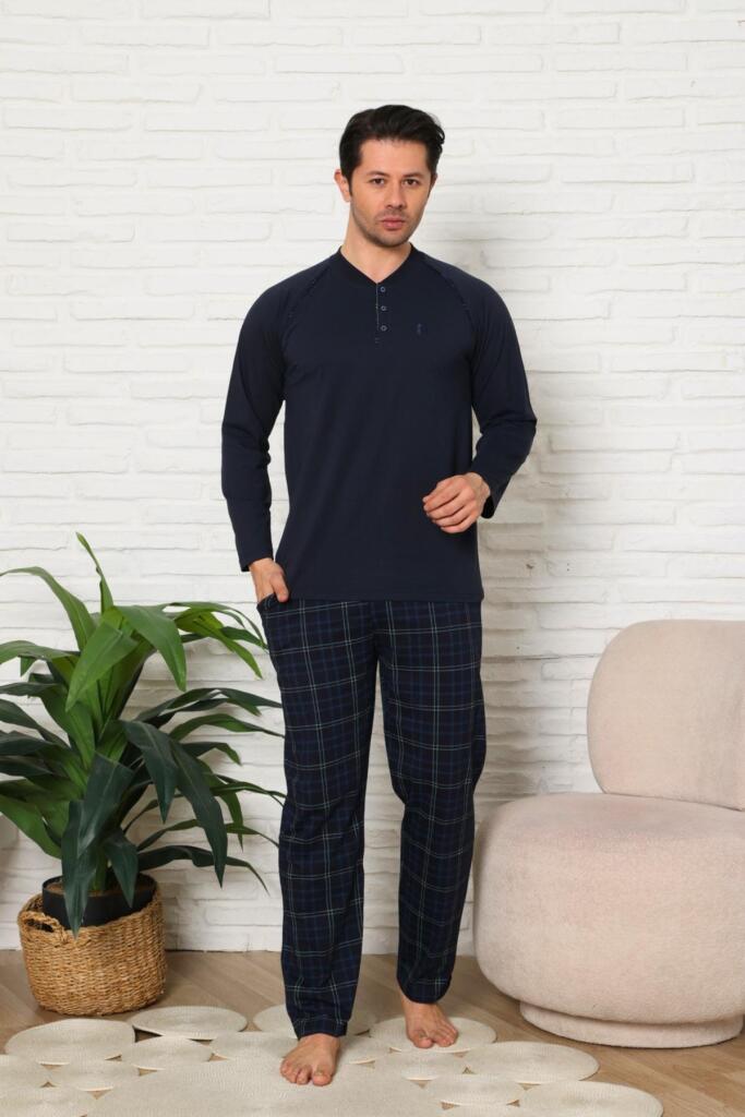 Erkek Pijama Takımı - Lacivert Ekoseli Uzun Kollu Penye 1224UY - 1