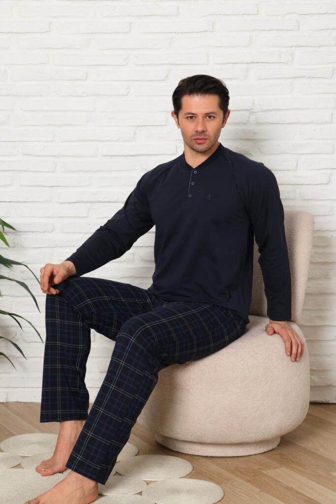 Erkek Pijama Takımı - Lacivert Ekoseli Uzun Kollu Penye 1224UY - 2