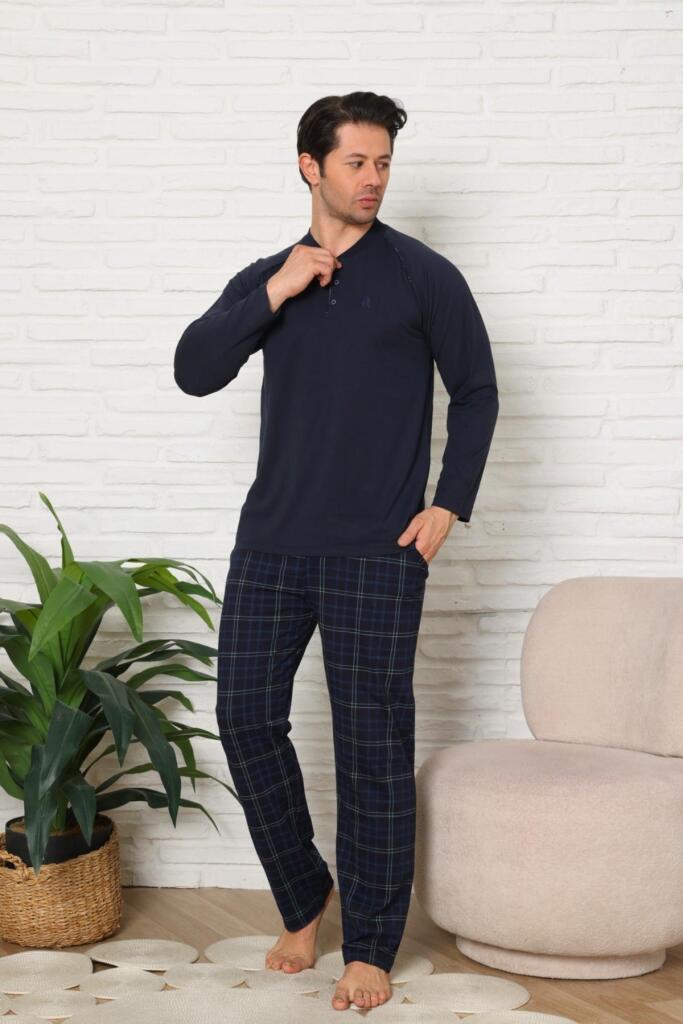 Erkek Pijama Takımı - Lacivert Ekoseli Uzun Kollu Penye 1224UY - 4