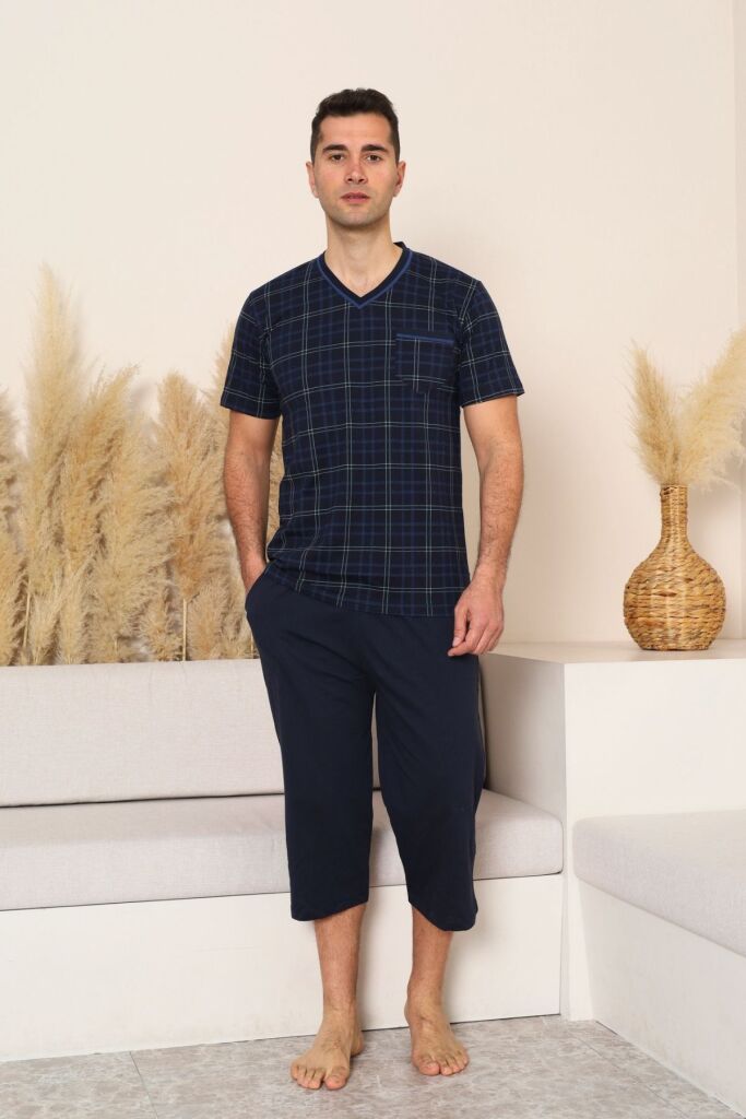 Erkek Pijama Takımı - Lacivert Kareli V Yaka Bermuda Penye 1226B - 1