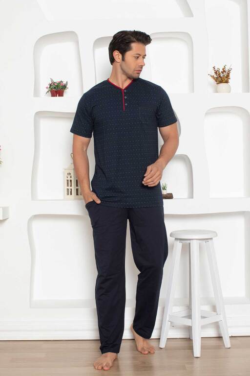 Erkek Pijama Takımı - Lacivert Mini Puan Desen Penye Kısa Kollu 1204KY - Alimer