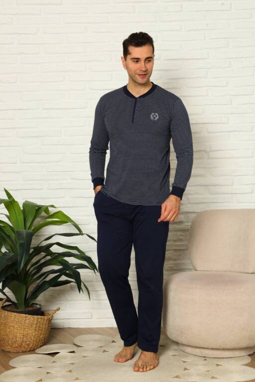 Erkek Pijama Takımı - Lacivert Çizgili Uzun Kollu Penye 1219UY - Alimer