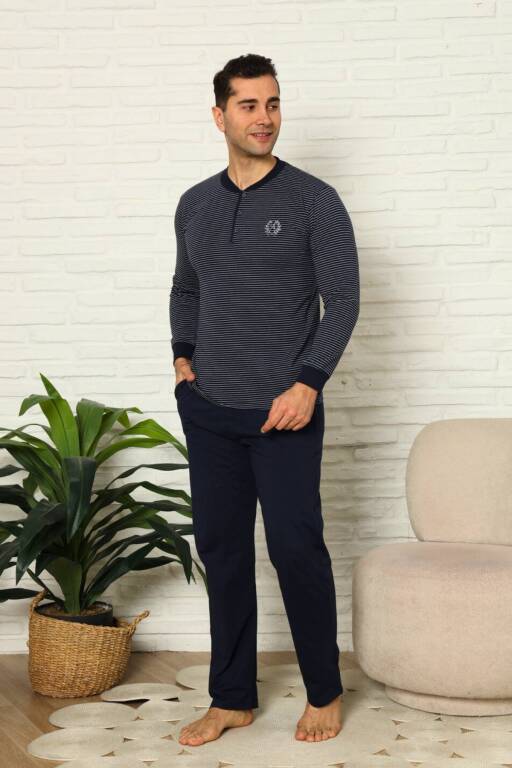 Erkek Pijama Takımı - Lacivert Çizgili Uzun Kollu Penye 1219UY - Alimer (1)