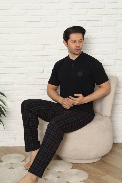 Erkek Pijama Takımı - Siyah Kareli Kısa Kollu Penye 1227KY - Alimer (1)