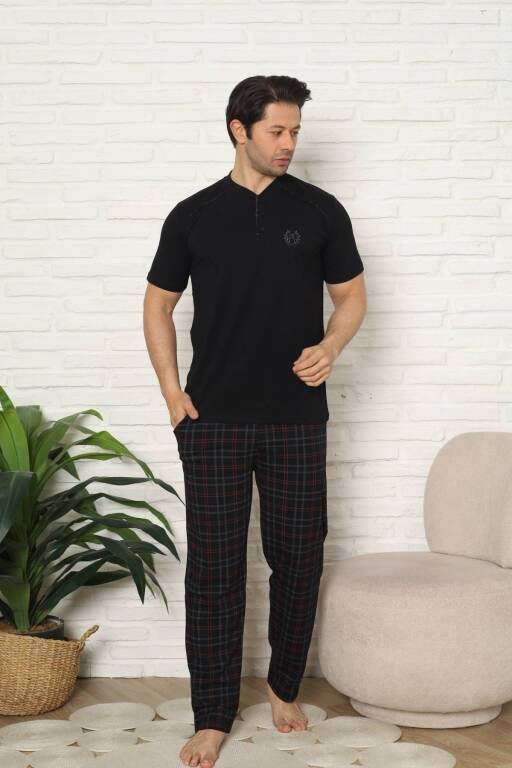 Erkek Pijama Takımı - Siyah Kareli Kısa Kollu Penye 1227KY - Alimer