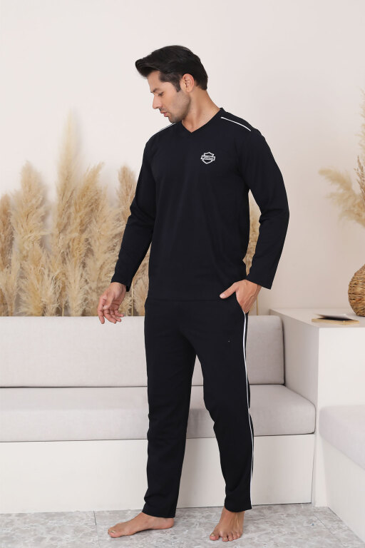 Erkek Pijama Takımı - Siyah Arma Nakışlı Biyeli Uzun Kollu Penye 1216UY - Alimer