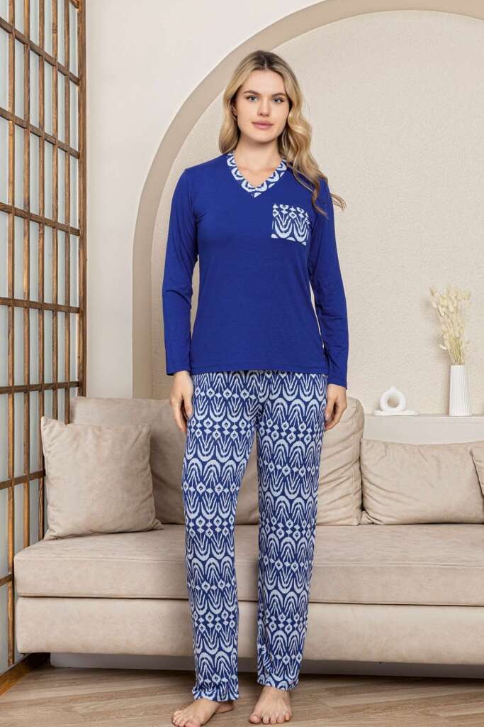 Etnik Desenli Kadın Pijama Takımı - Saks Mavi V Yaka Uzun Kollu Likralı Kumaş 2824UY - 1
