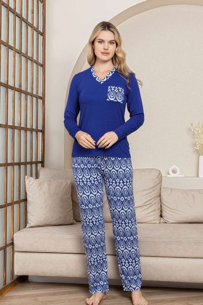 Etnik Desenli Kadın Pijama Takımı - Saks Mavi V Yaka Uzun Kollu Likralı Kumaş 2824UY - 2