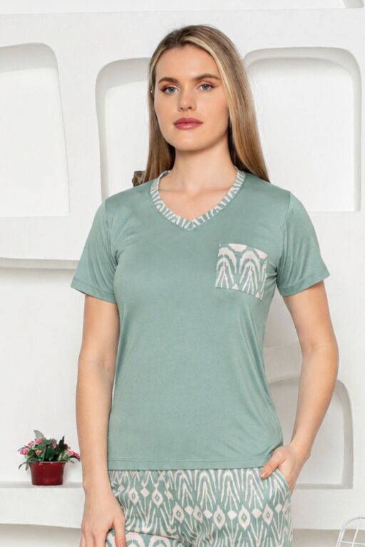 Etnik Desenli Kadın Pijama Takımı - Yeşil Uzun Kollu Milan kumaş 2824KY - Alimer (1)