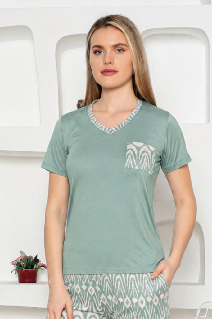 Etnik Desenli Kadın Pijama Takımı - Yeşil Uzun Kollu Milan kumaş 2824KY - 2