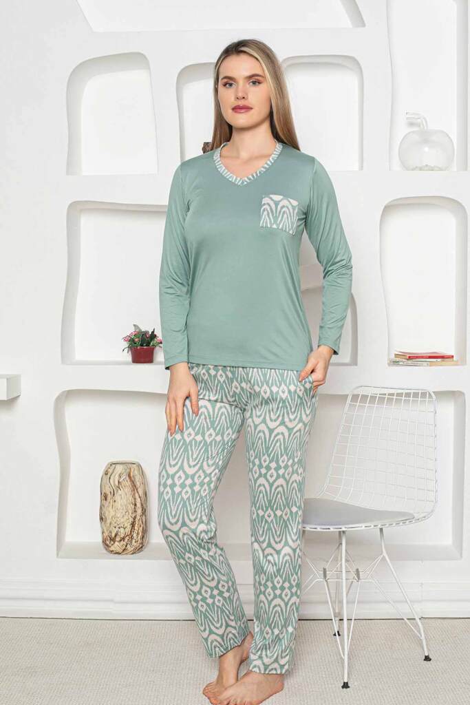 Etnik Desenli Kadın Pijama Takımı - Yeşil Uzun Kollu Milan kumaş 2824UY - 4