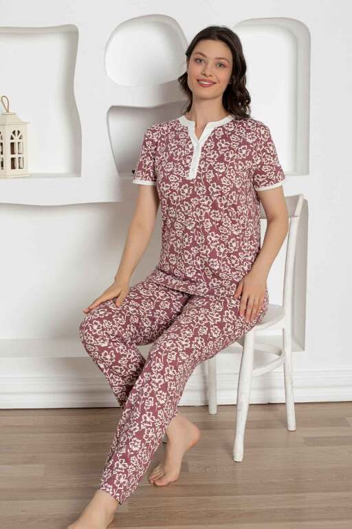 Gül Kurusu Çiçek Desenli Penye Bayan Pijama Takımı 2795KY - Alimer (1)