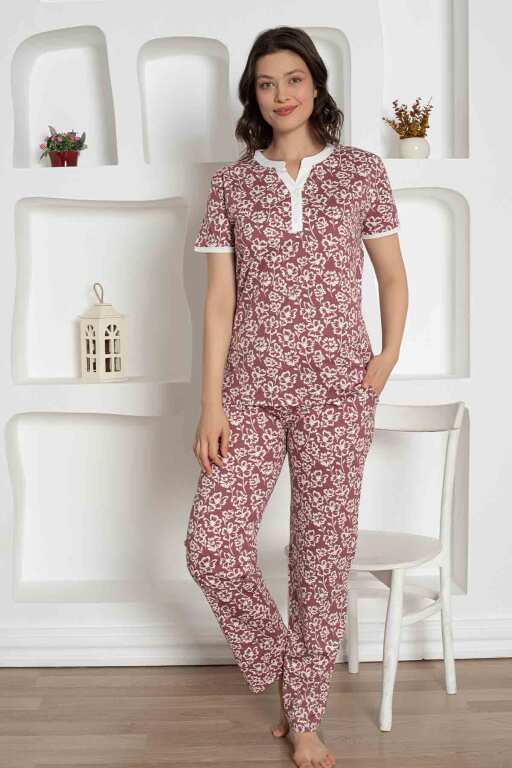 Gül Kurusu Çiçek Desenli Penye Bayan Pijama Takımı 2795KY - Alimer